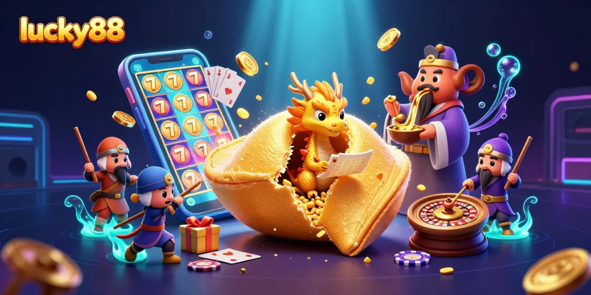 Engage with lucky88 slots featuring a fortune cookie, dragon, and gold pouring sage in a lively casino scene.