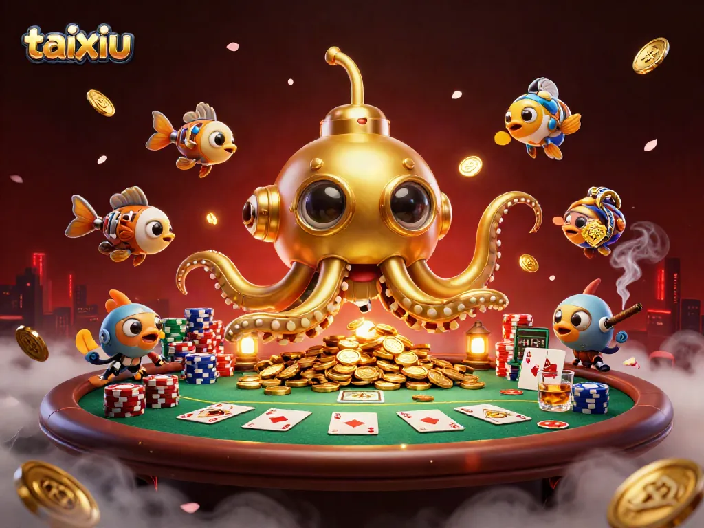 Experience thrilling taixiu gameplay with a golden kraken submarine amidst poker excitement and riches.