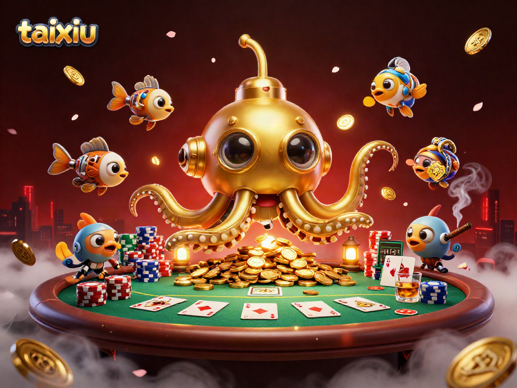 Experience thrilling taixiu gameplay with a golden kraken submarine amidst poker excitement and riches.
