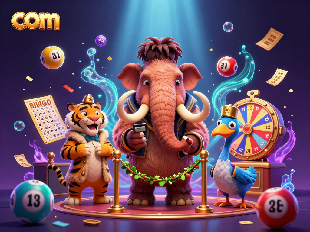 Experience thrilling moments at com with a vibrant casino scene of colorful lottery balls and excited characters.
