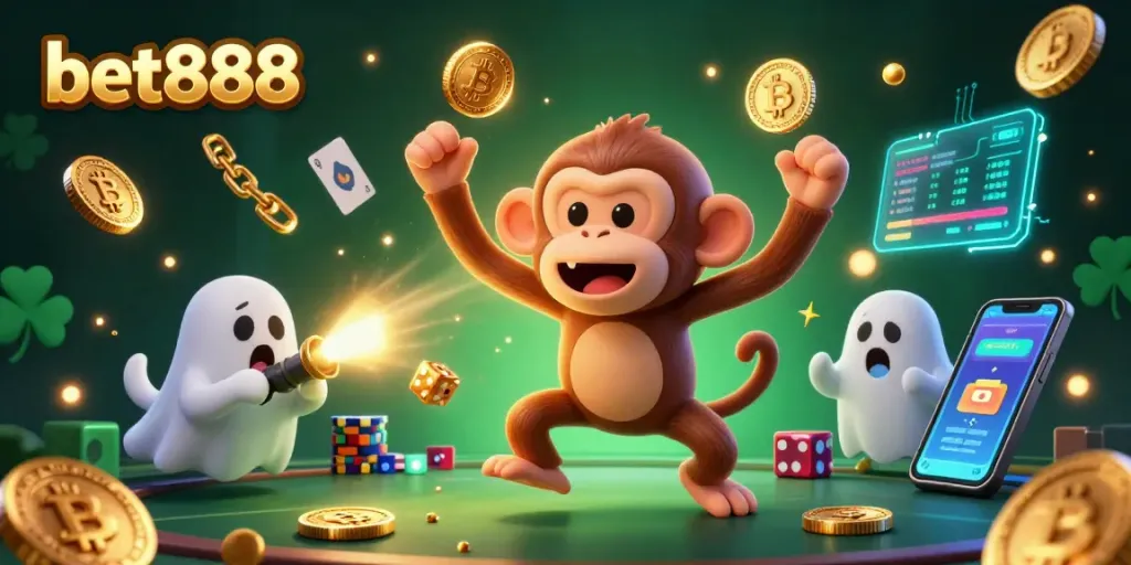 Engage with bet888 at our exciting casino filled with golden juggling monkey and crypto elements.
