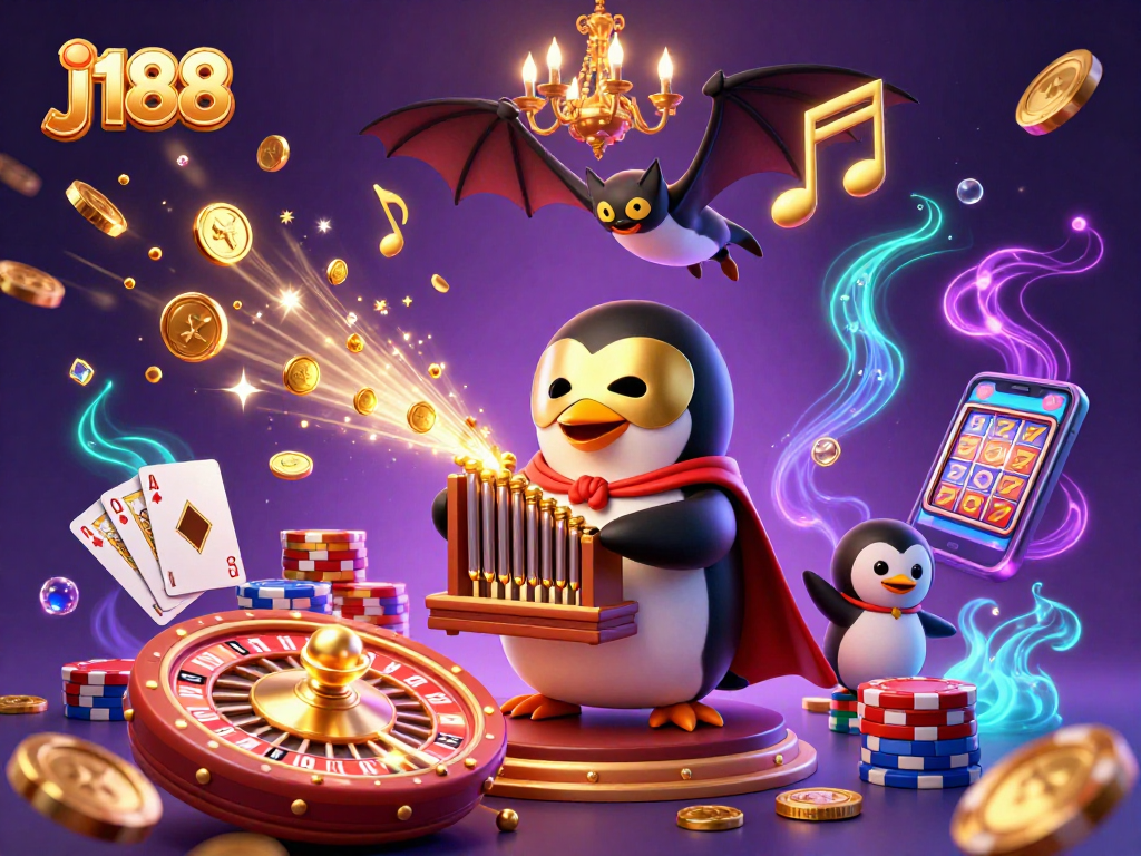 Experience the excitement of j188 as the phantom penguin plays a golden organ, surrounded by cascading coins and prizes.