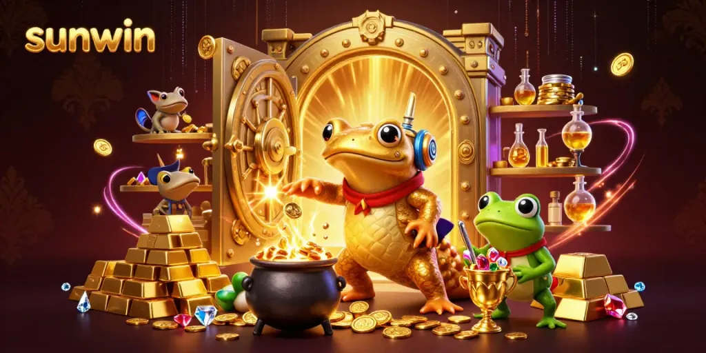 Engage with sunwin's thrilling casino experience through vibrant 3D imagery of gold treasures and games.