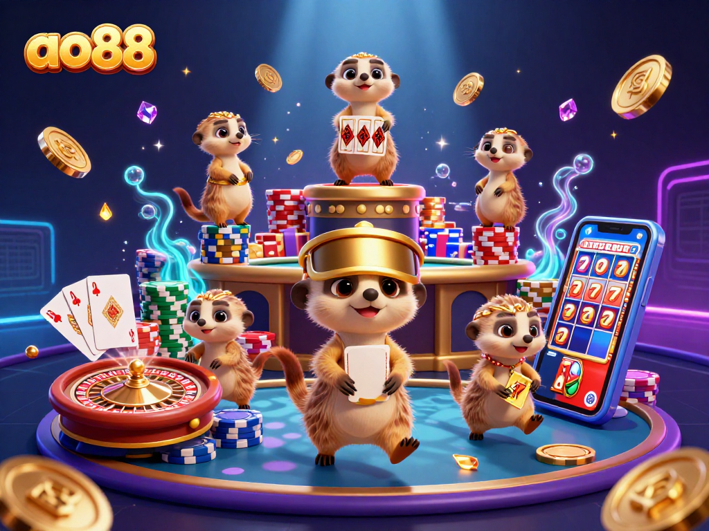 Experience exciting gaming action at ao88 casino with lively meerkats managing chip towers and dynamic game elements.