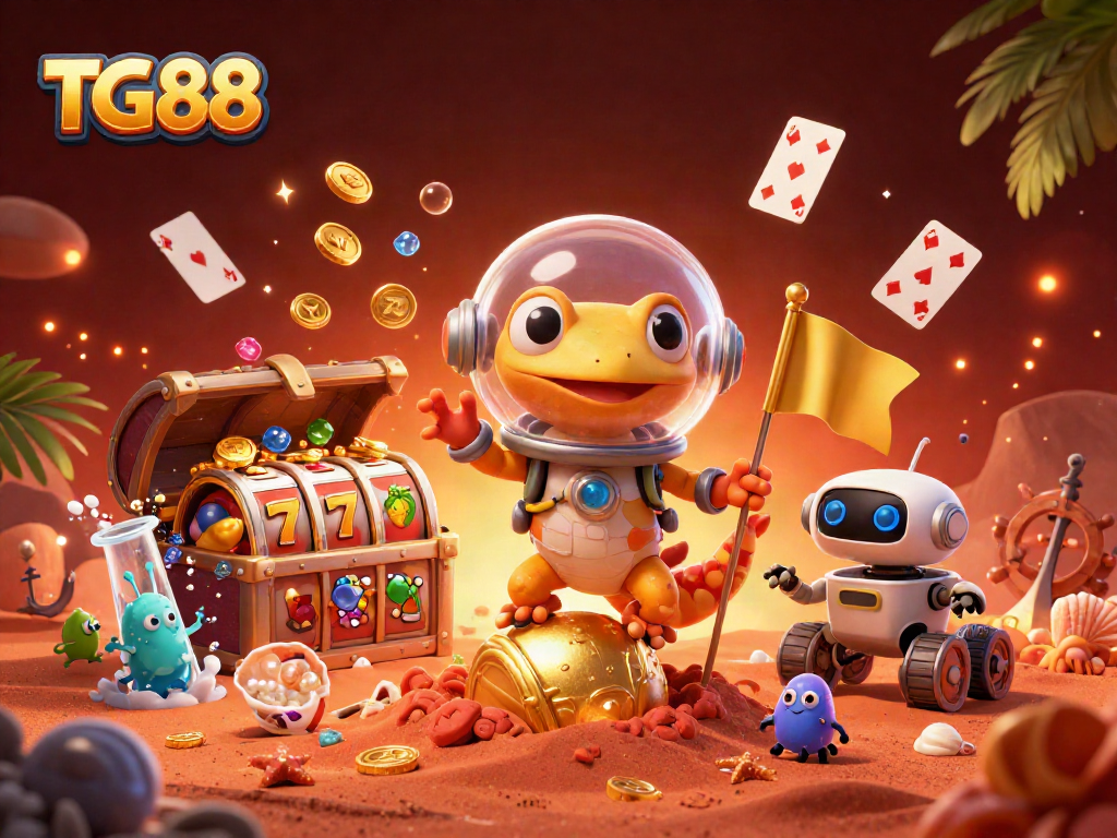 TG88 players engaging in a vibrant casino adventure with slot reels and gold coins bursting around them.