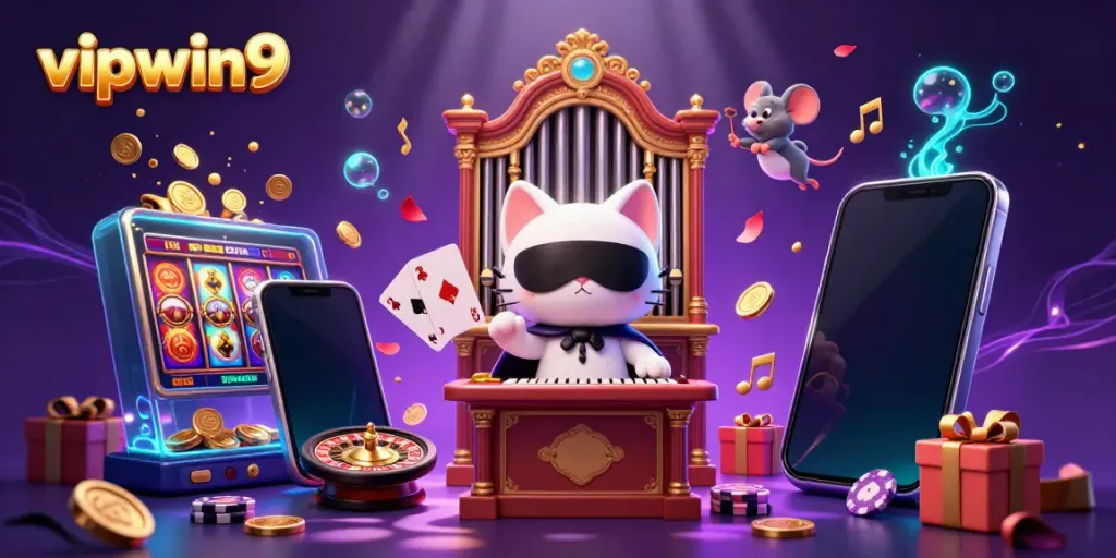 Experience the excitement of vipwin9 with a vibrant casino scene featuring classic symbols and characters.