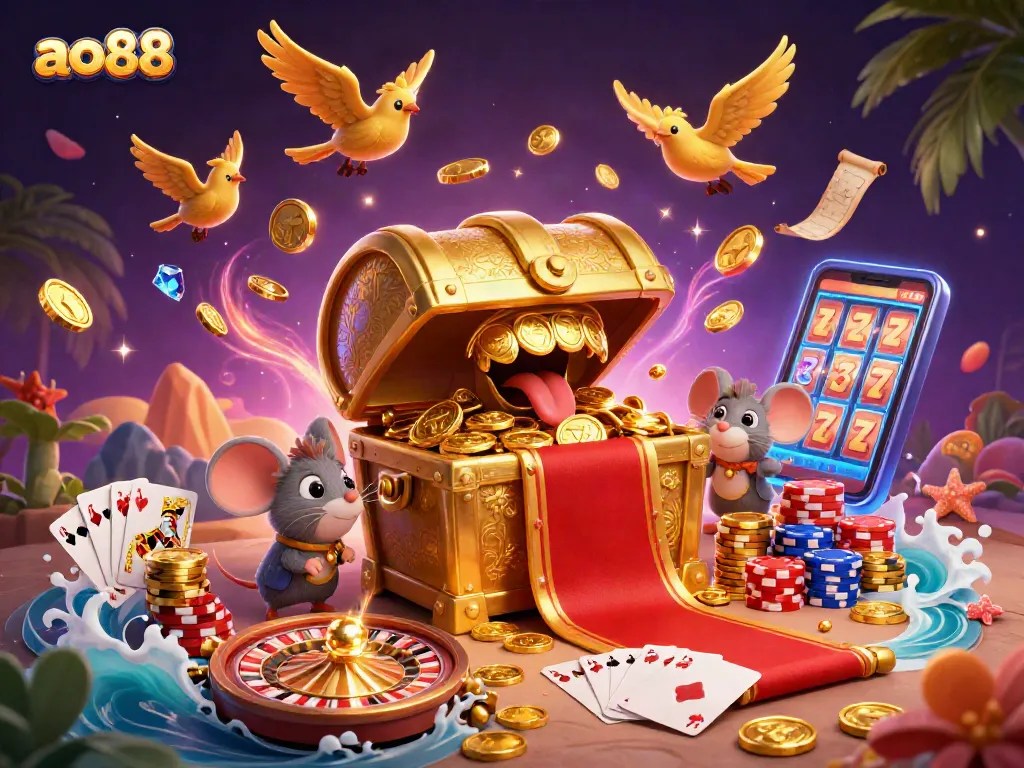 Spin the reels with exciting treasures at ao88's lush casino scene filled with sparkling gems