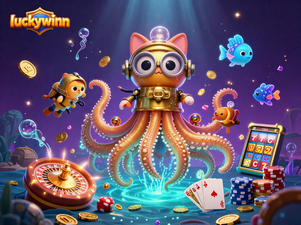 Experience thrilling gameplay at luckywinn with a rich casino scene featuring golden kraken and treasure.
