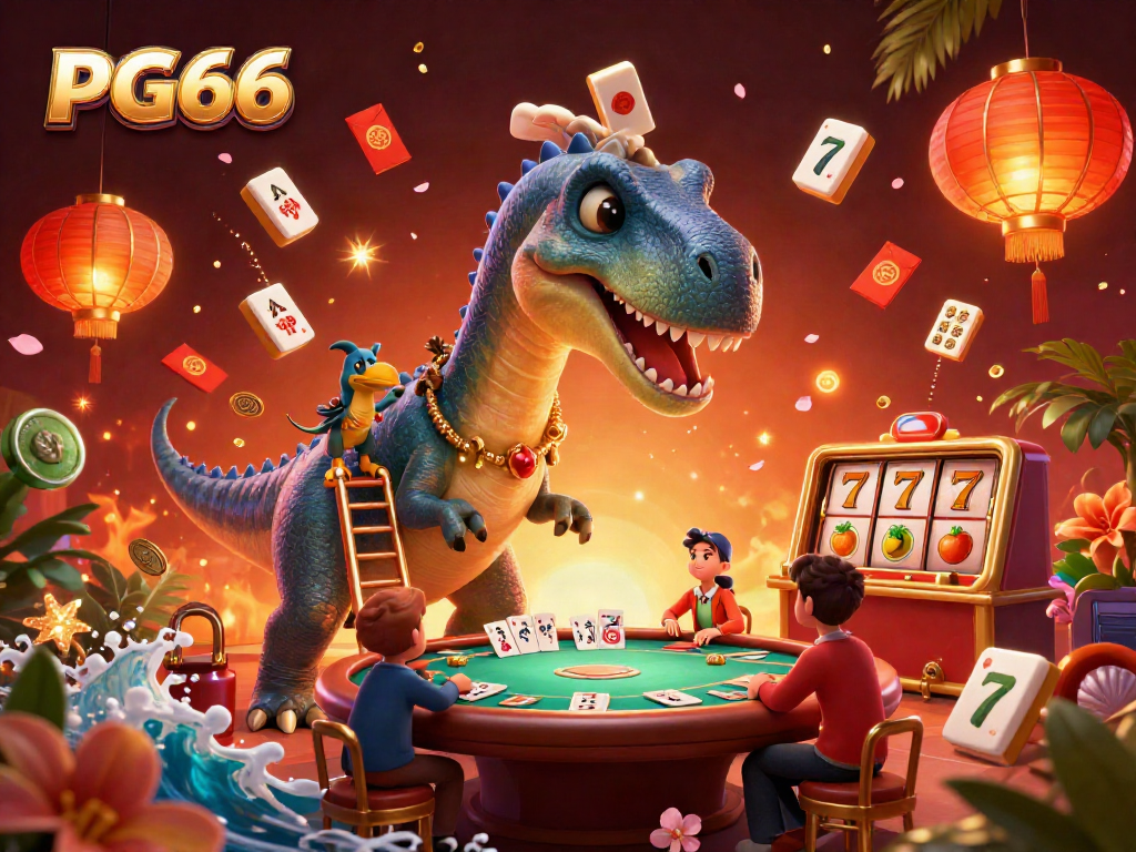 Experience thrilling gameplay at PG66 as a raptor deals cards from a ladder beneath a towering brontosaurus.