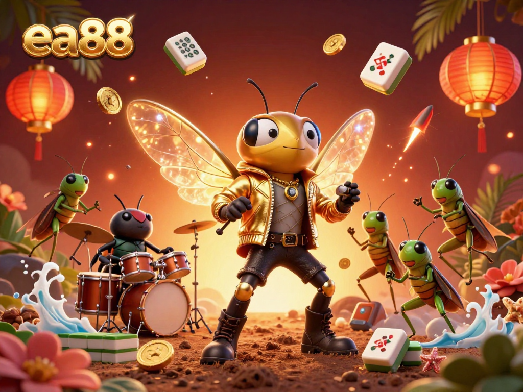 Join the excitement at ea88 with a vibrant scene of a rock star cicada and friends delivering thrilling gaming adventures!