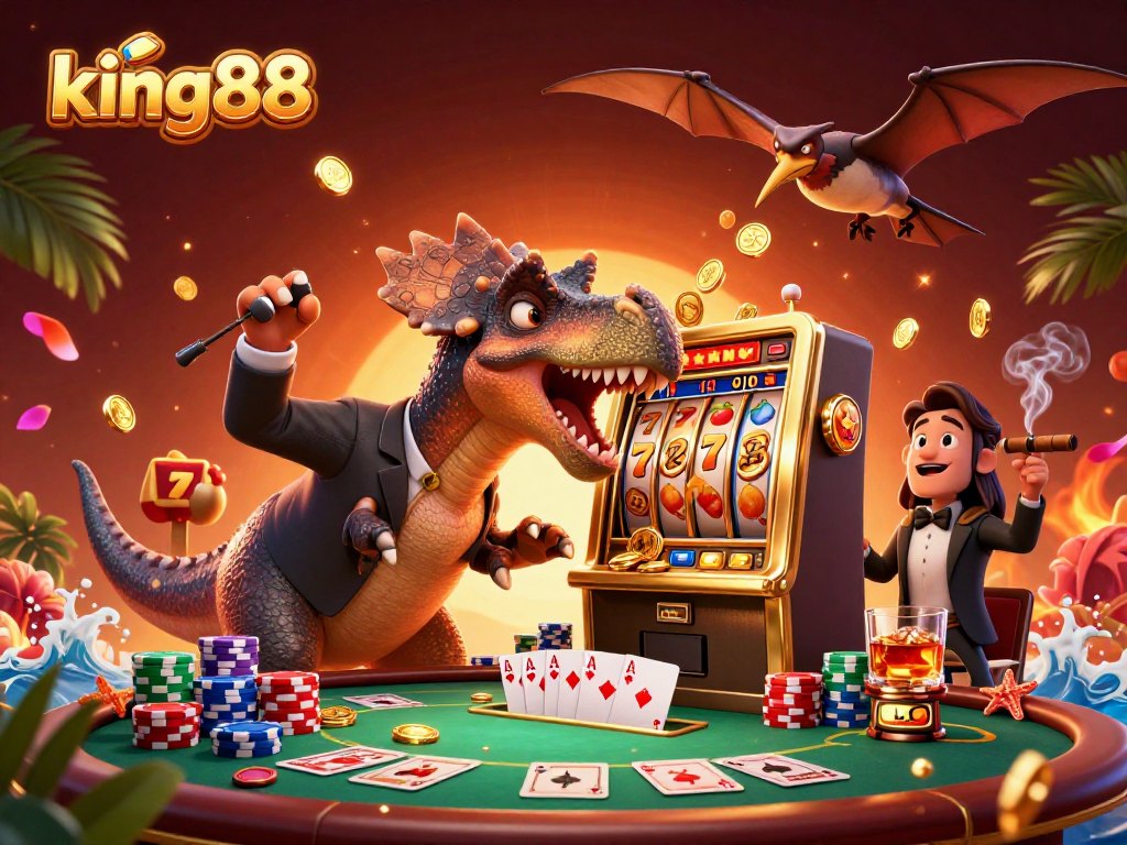 king88 slot machine scene with a dinosaur, a casino manager, and flying coins