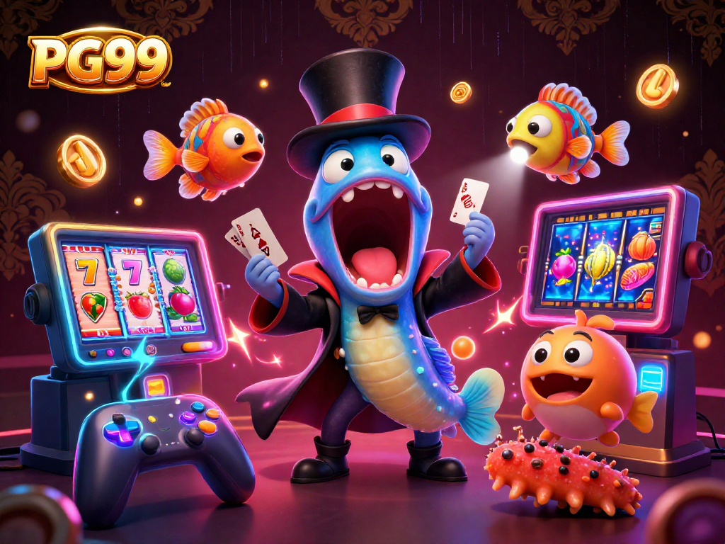 Engage in the enchanting world of PG99 with a magical casino scene highlighting card tricks and slots.