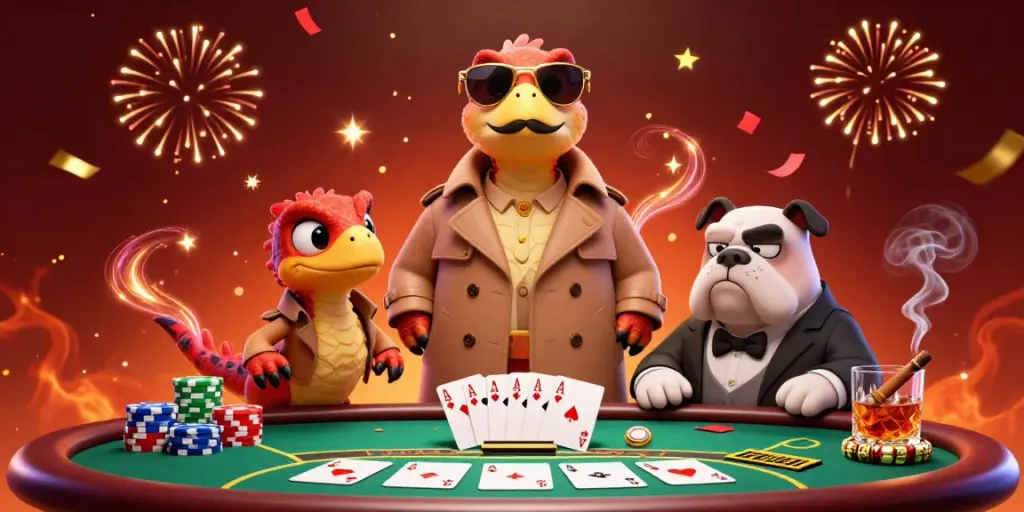Experience the playful excitement of Phantom333 with three raptors amusingly disguised as one tall gambler in a bustling casino.