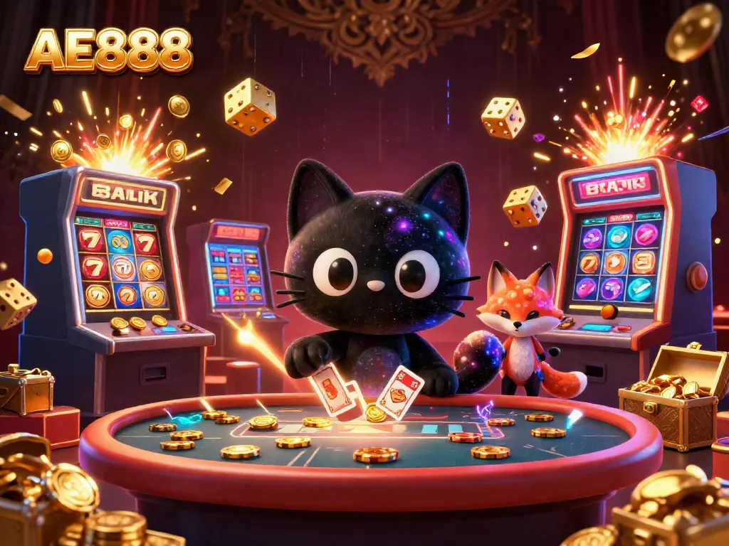 Win big with AE888 at the vibrant cosmic casino table with swirling characters and elements.