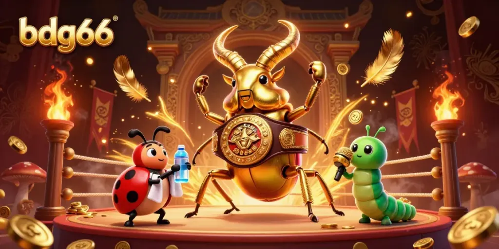 Experience vibrant gambling action with bdg66 in this dynamic 3D casino illustration featuring animated insect characters.