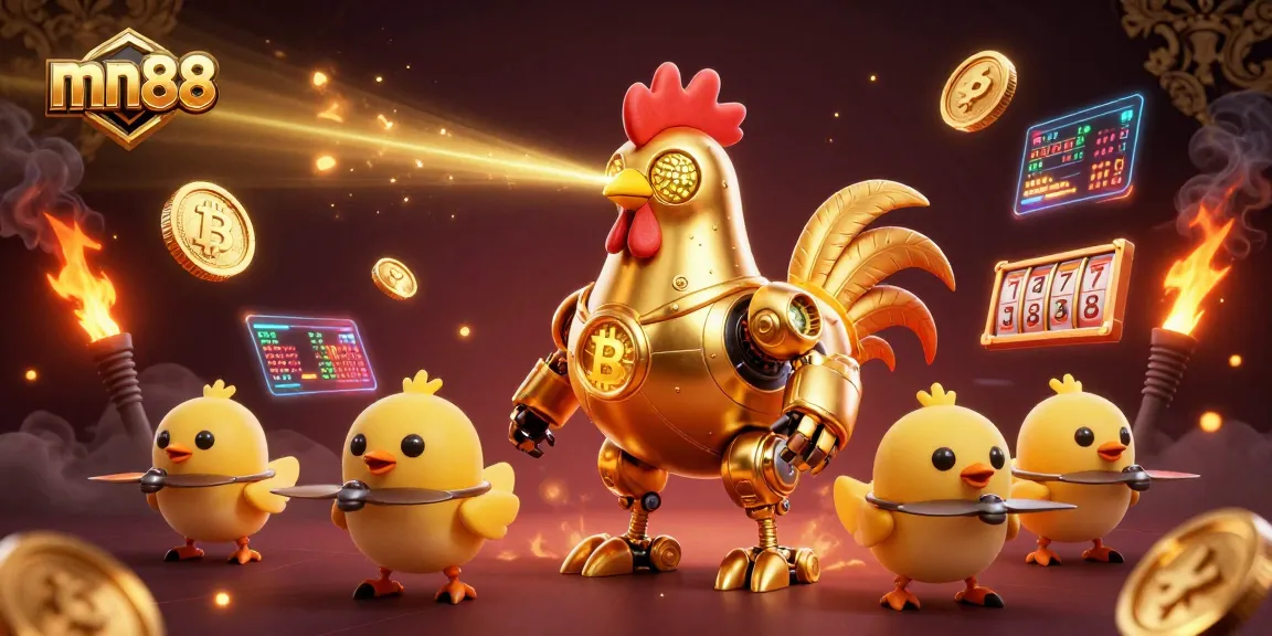 Experience the excitement of mn88 with golden rooster robot in a vibrant, 3D casino scene filled with dynamic game elements.