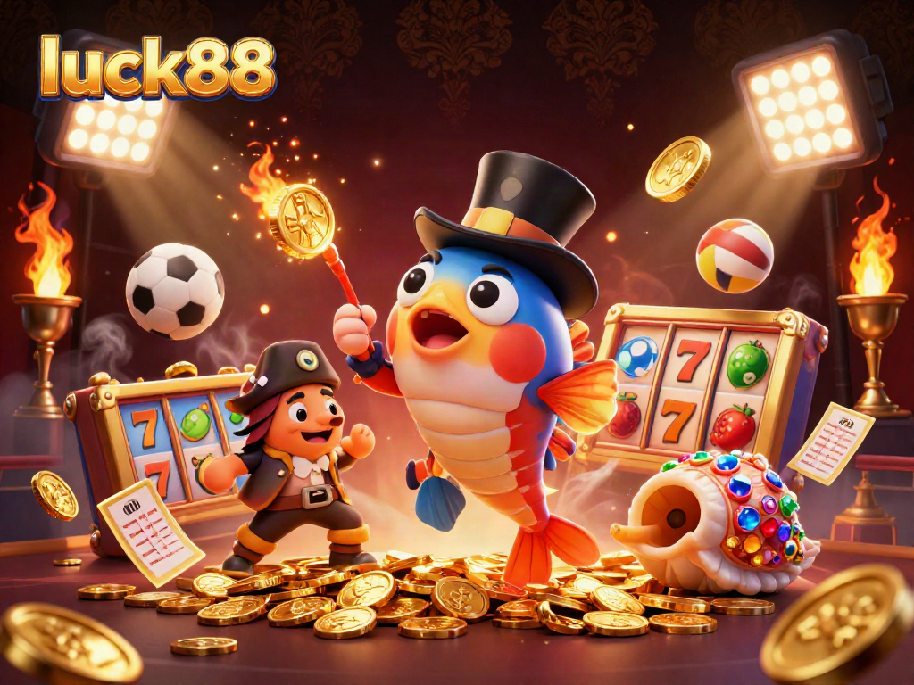 Engage with luck88's thrilling slots scene featuring cartoon characters amidst gold and dynamic game elements.
