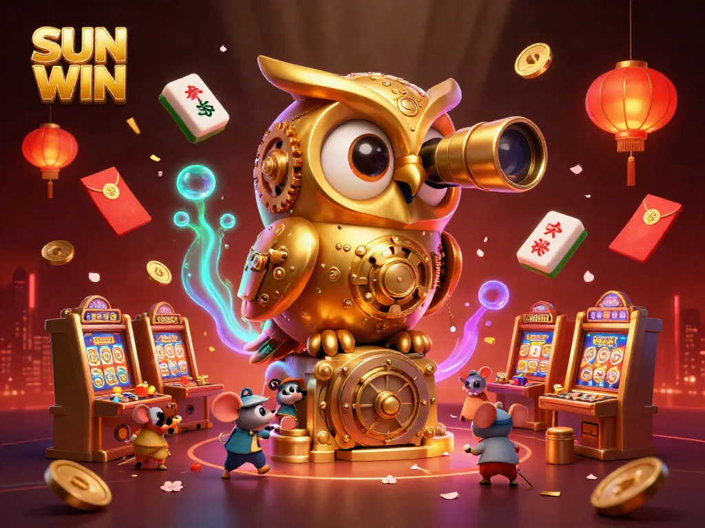 Engage in the exciting world of SUN WIN with a vibrant and dynamic 3D casino scene filled with animated characters and gaming elements.