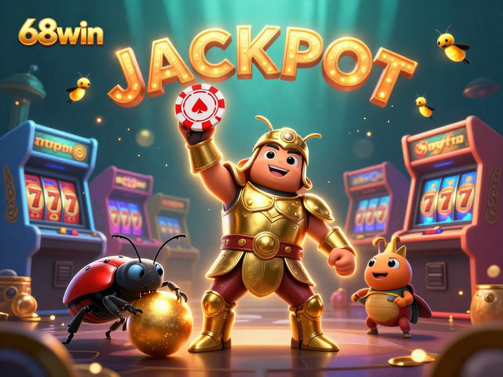 Win big with 68win in this vibrant casino jackpot illustration featuring animated characters.
