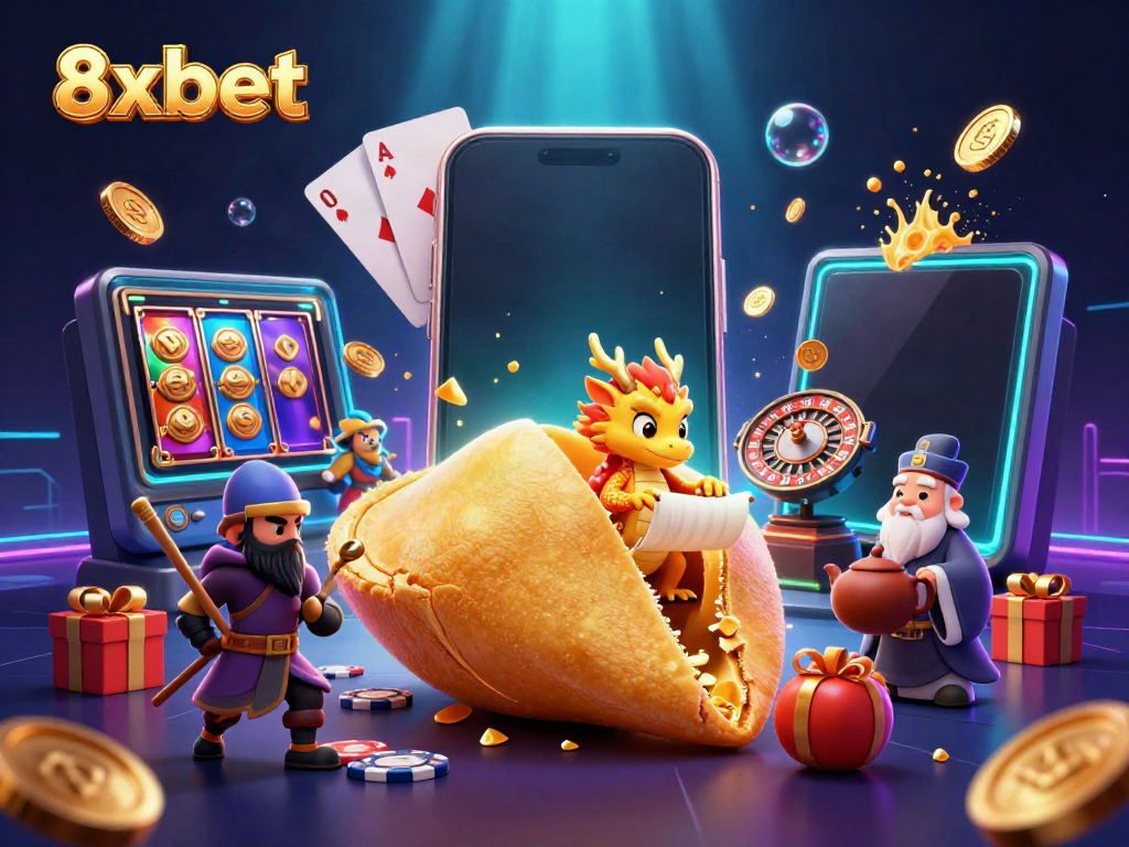 Experience thrilling gaming action with 8xbet's captivating 3D illustration featuring fantasy elements and dynamic casino symbols.