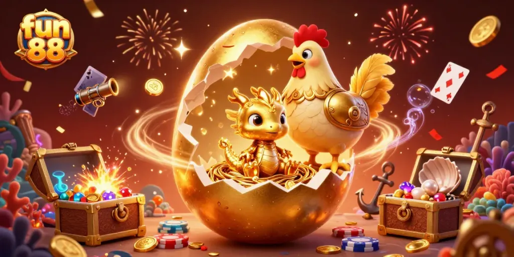 Engage with fun 88 through a vibrant 3D illustration of a gold dragon and poker chips amid celebration.