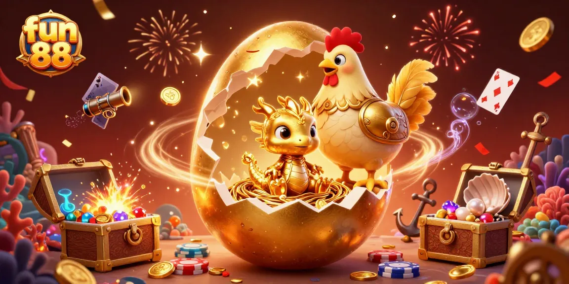 Engage with fun 88 through a vibrant 3D illustration of a gold dragon and poker chips amid celebration.