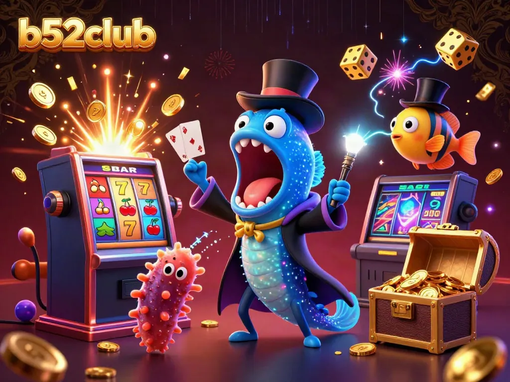 B52club's vibrant casino scene with a deep-sea gulper eel magician performing tricks, surrounded by dynamic slot elements and glow effects.