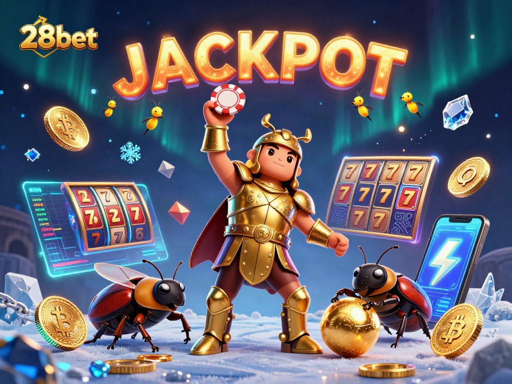 Engage in thrilling gameplay with 28bet, showcasing victory and excitement in a vibrant casino illustration.
