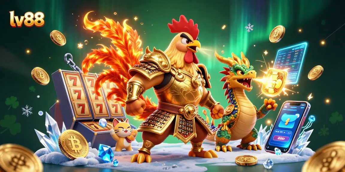 Experience thrilling gameplay with lv88, as a golden rooster warrior battles alongside a dragon hatchling and fortune cat amidst crypto elements.