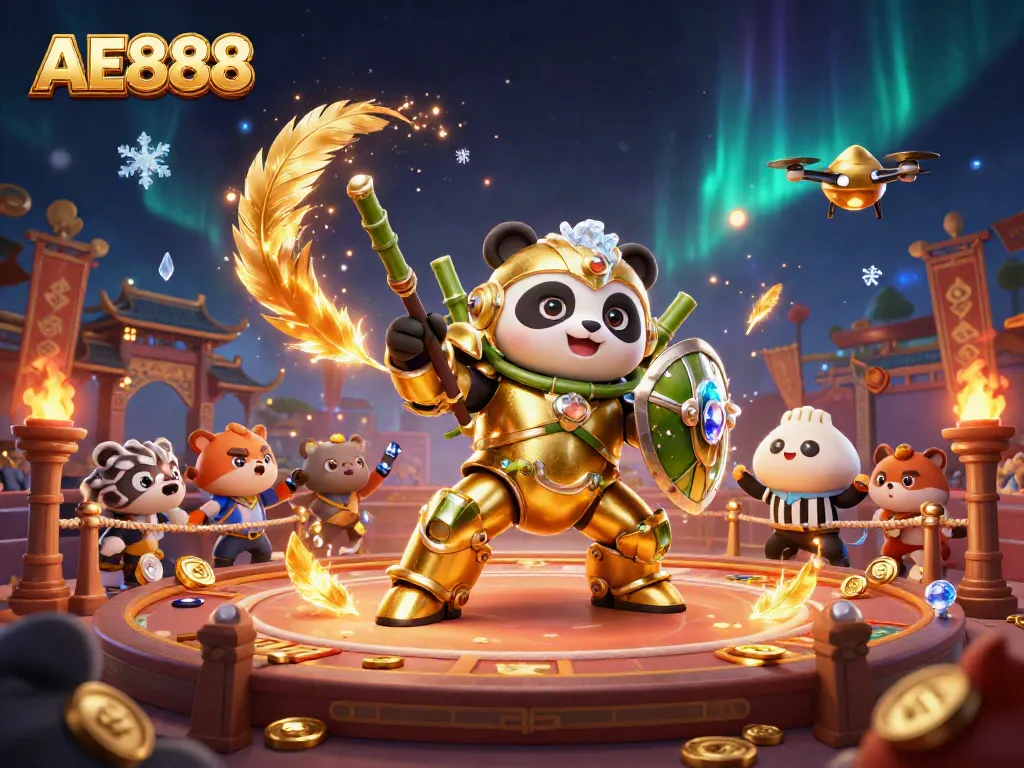 Experience the thrilling AE888 casino arena in a dynamic illustration featuring a mech-suit panda and energetic elements.