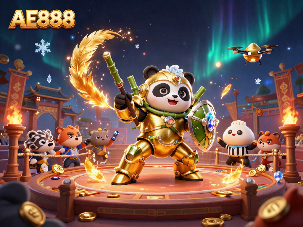 Experience the thrilling AE888 casino arena in a dynamic illustration featuring a mech-suit panda and energetic elements.