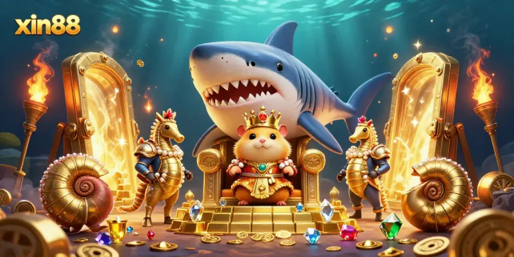 Experience the excitement of xin88 in a fantastical underwater casino with treasures and characters.