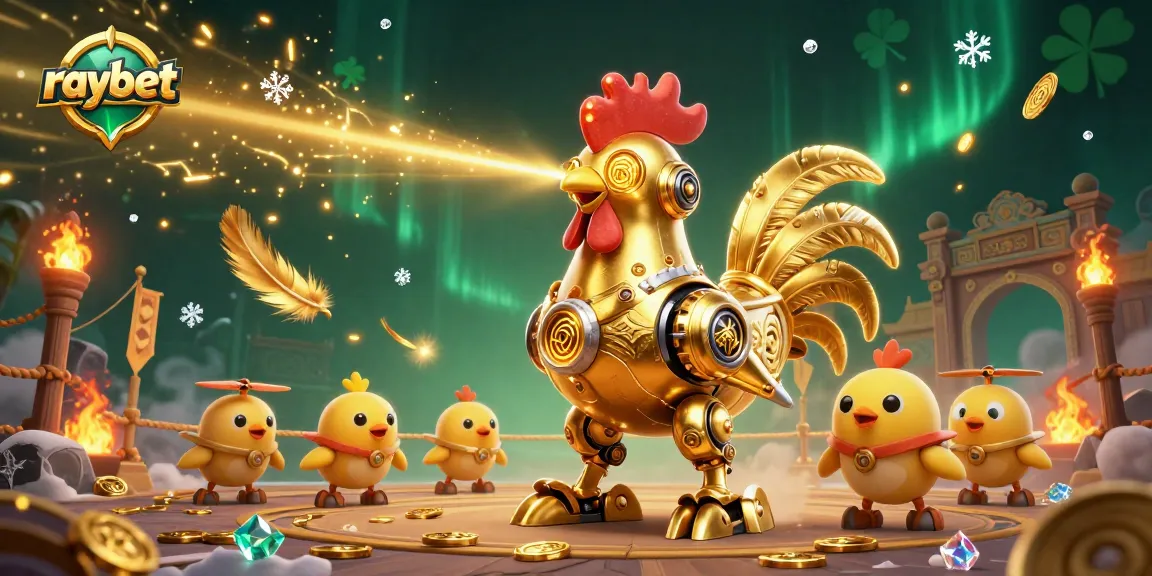 Experience raybet's unique gambling excitement featuring a golden rooster robot amidst vibrant 3D casino elements.