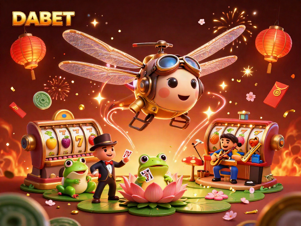 DABET offers thrilling gaming experiences with a dragonfly pilot and frog croupier in an animated casino scene.