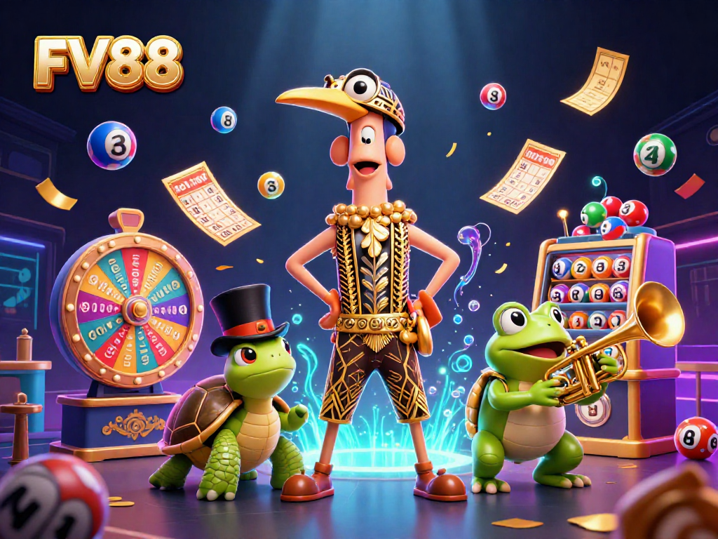 Experience winning excitement at FV88 with colorful lottery elements and vibrant casino characters