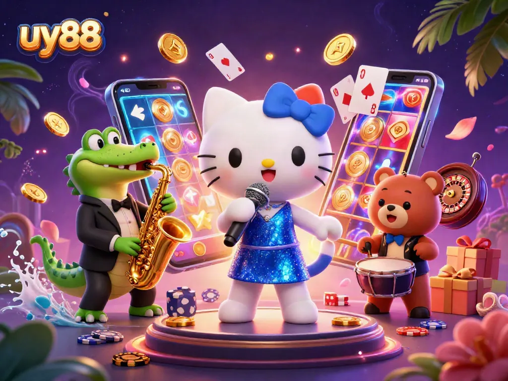 Join the fun at uy88 with exciting slots and vibrant characters in this casino-themed illustration.