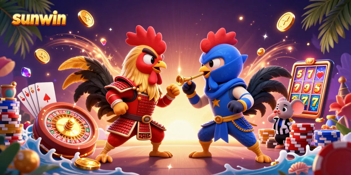 Experience excitement with sunwin's dynamic scene of fighting roosters amidst cascading casino elements.