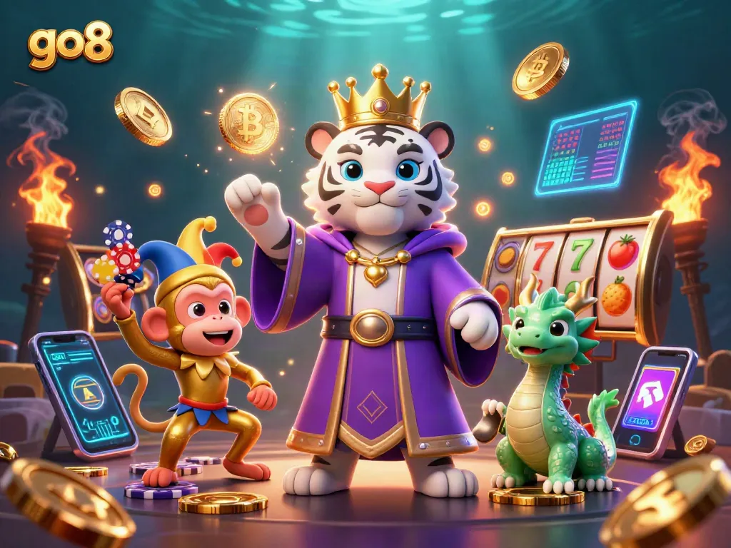 Engage with the go8 casino experience featuring a royal tiger, playful jester monkey, and dynamic gaming action.