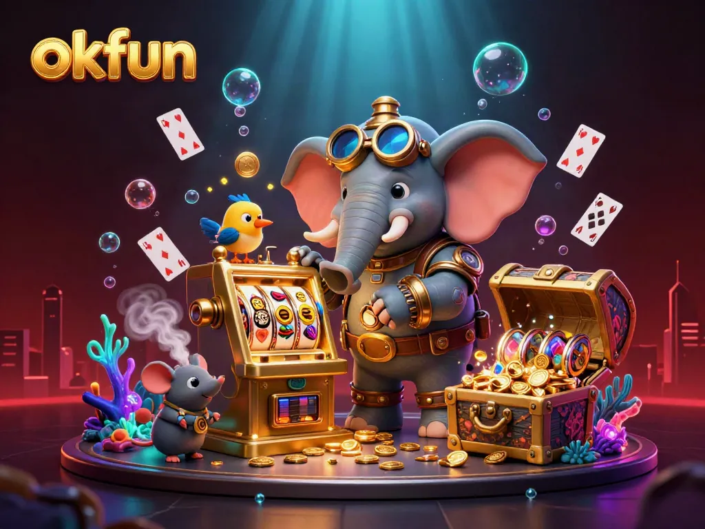 Spin to win with okfun's vibrant casino-themed 3D illustration showcasing slot machines and characters.