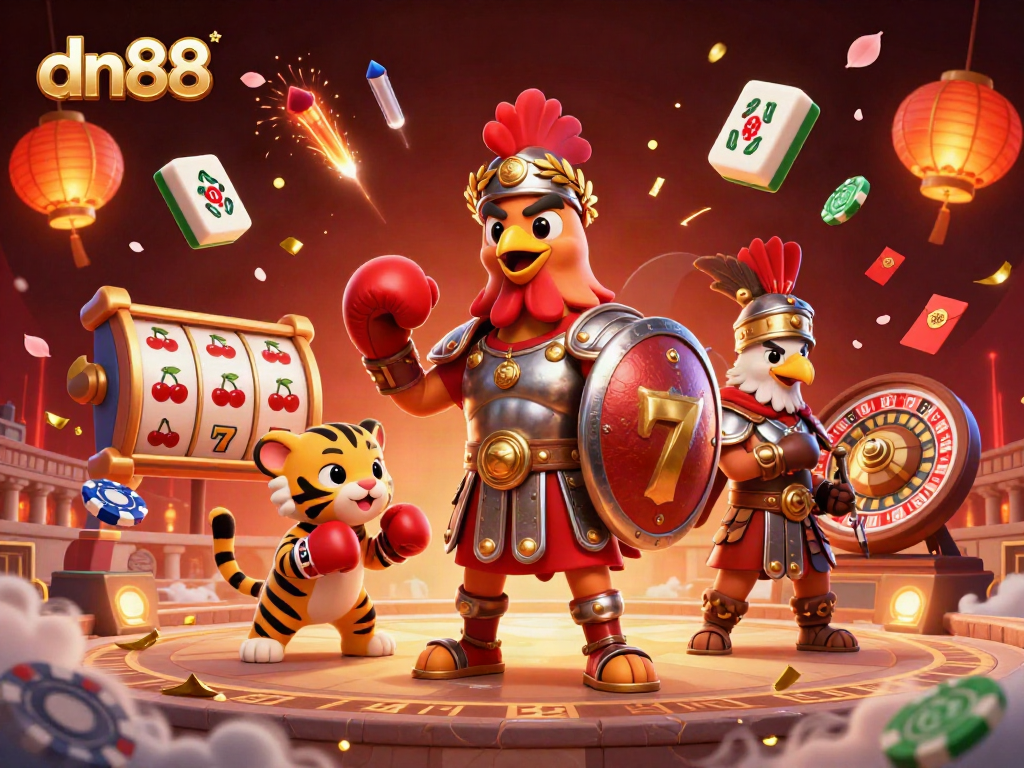 Play casino games with dn88, featuring a gladiator rooster, tiger cub, and lively gambling elements.