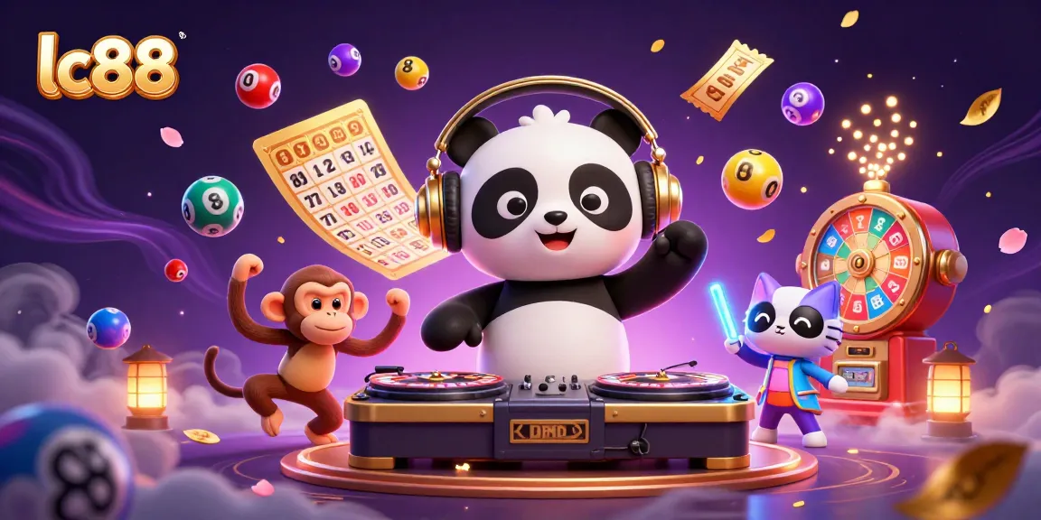 Experience thrilling wins with lc88's vibrant gaming scene featuring a DJ panda and lively characters.