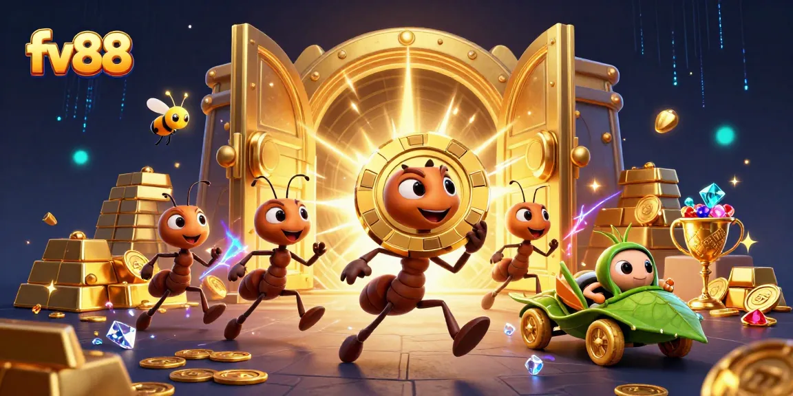 Experience the thrill of fv88 as cartoon ants conduct a heist, emphasizing gambling excitement.
