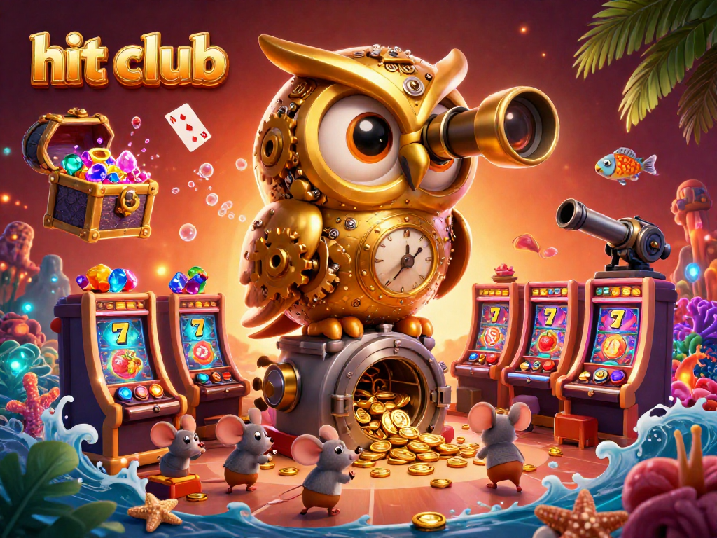 Engage with the hit club's vibrant casino scene featuring a golden owl and dynamic game elements.