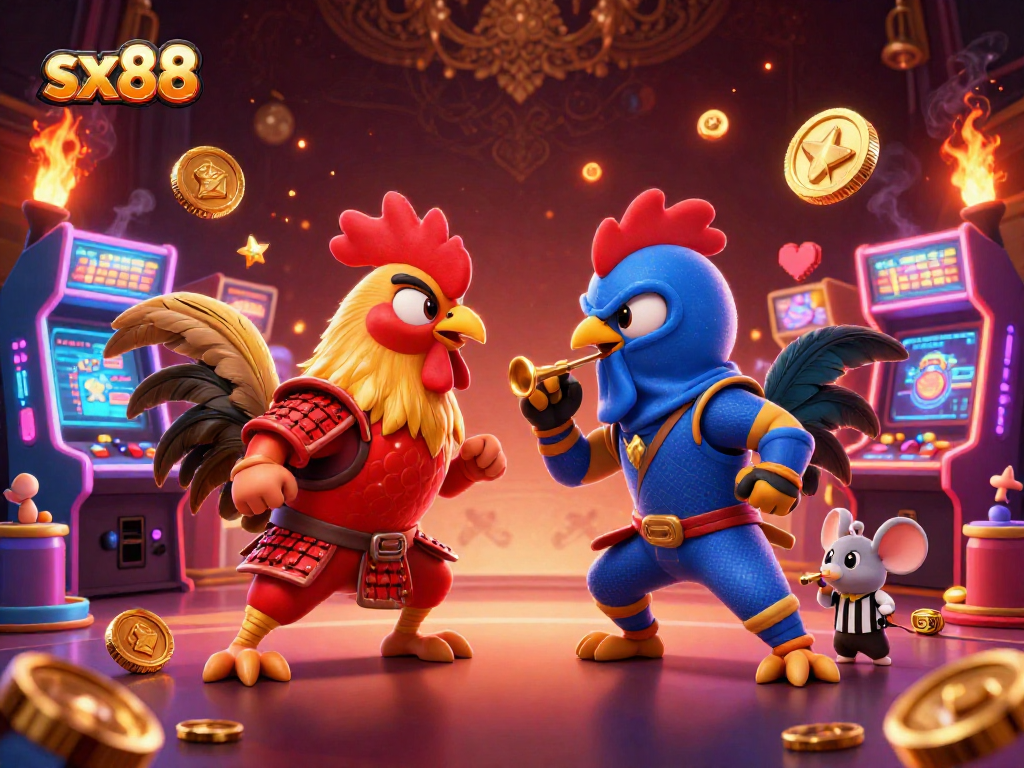 sx88 engages players in a thrilling showdown between rooster warriors in a dynamic casino setting.