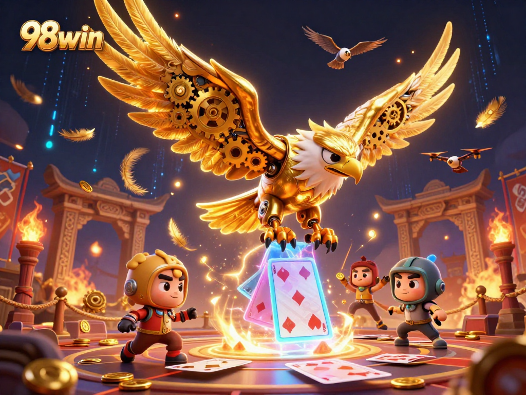 Immerse in the 98win experience, featuring a cybernetic eagle diving through holographic cards amidst dynamic casino elements.