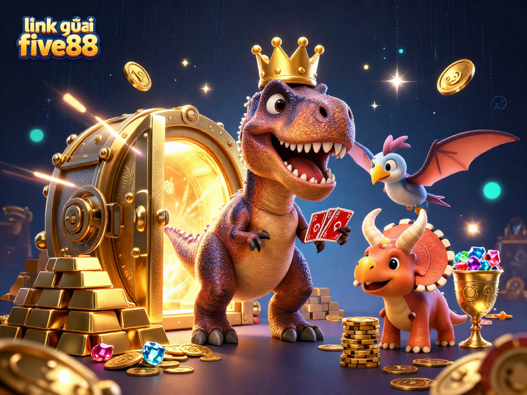 Experience thrilling gaming with link vào five88 as dinosaurs shuffle cards and stack chips in a vibrant casino scene.
