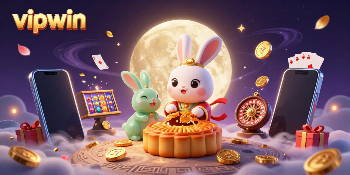 Join the fun with vipwin as the moon rabbit unveils poker chips from mooncakes in a vibrant casino world.