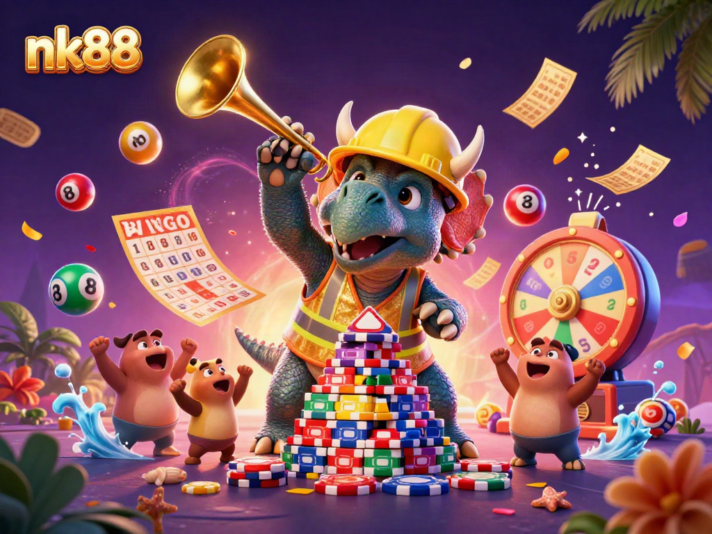 Experience thrilling gaming with nk88 as playful dinosaurs celebrate over dynamic casino elements.
