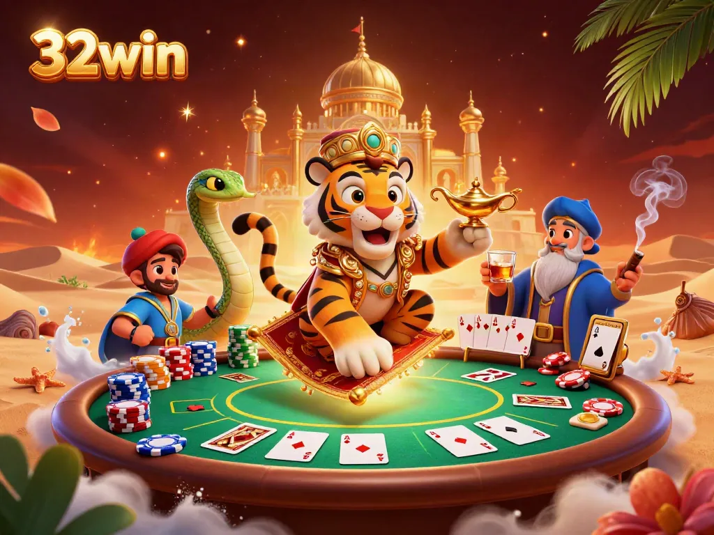 Enjoy thrilling moments at 32win with a vibrant 3D casino scene showcasing poker and adventure.
