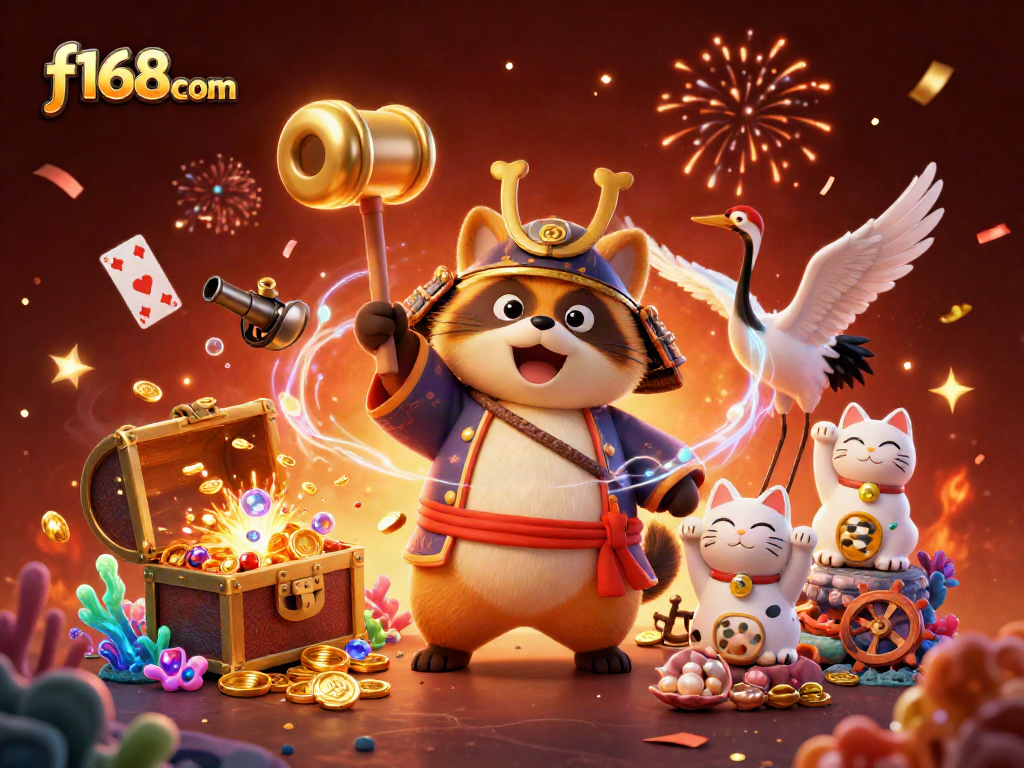 Win big with f168com in this vibrant casino illustration featuring festive characters.